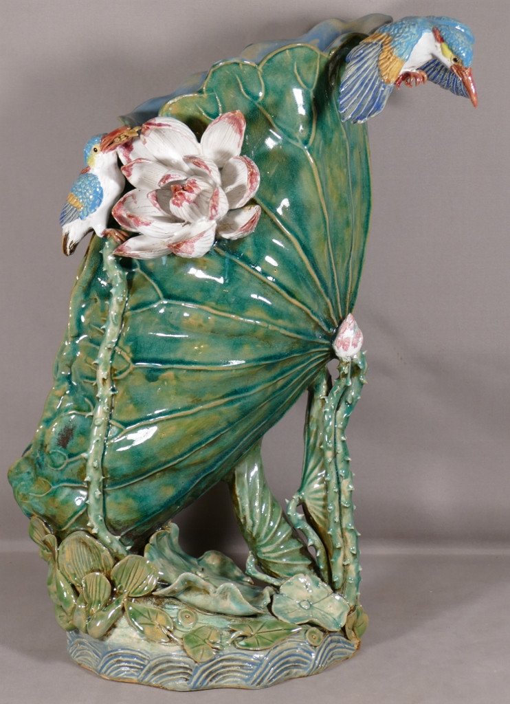 Vase Sculpture Naturaliste En Céramique, Nénuphar Et Martin Pêcheur, Début XX ème