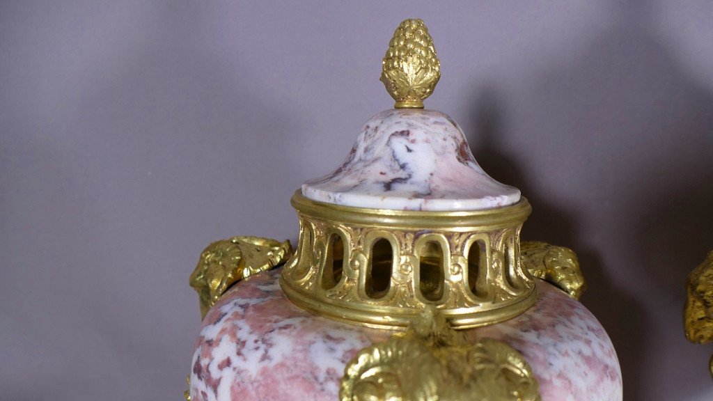 Pair Of Louis XVI Cassolettes In Veined Pink Marble And Gilt Bronze With Rams, 19th Century-photo-2