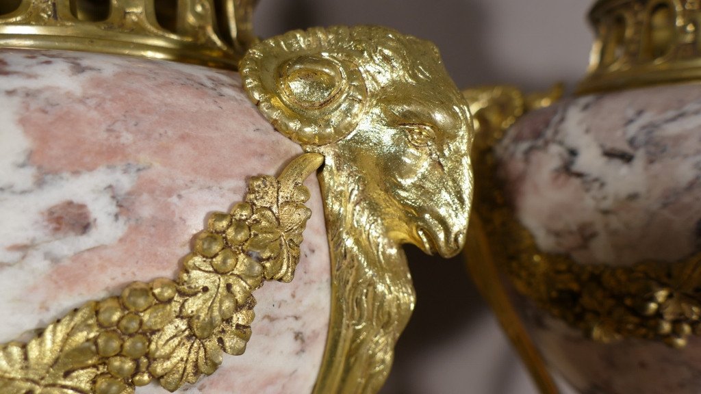 Pair Of Louis XVI Cassolettes In Veined Pink Marble And Gilt Bronze With Rams, 19th Century-photo-5