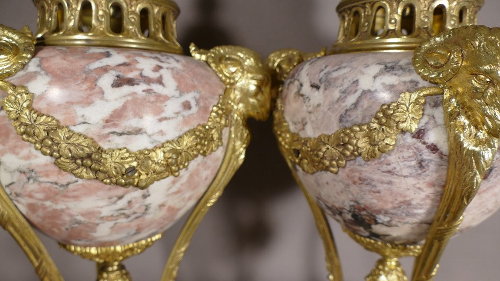 Pair Of Louis XVI Cassolettes In Veined Pink Marble And Gilt Bronze With Rams, 19th Century-photo-6