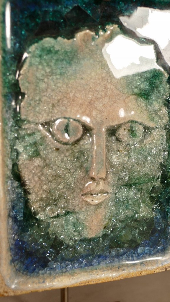Georges Saulterre (1943-) Portrait, Sculpture En Grès Et Pâte de Verre Sur Socle En Fer, 1990-photo-2
