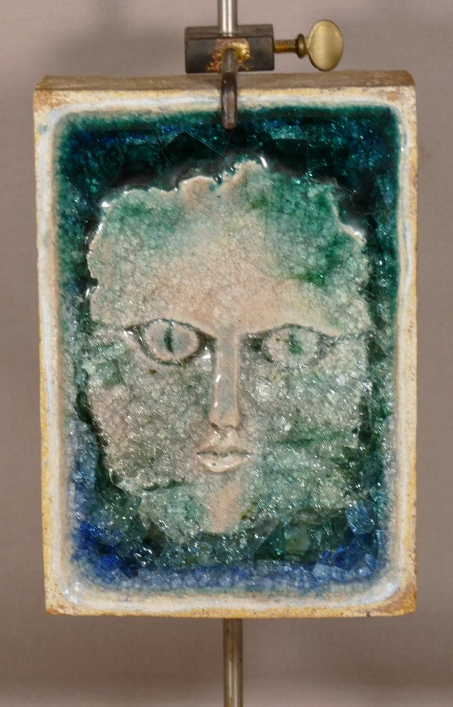 Georges Saulterre (1943-) Portrait, Sculpture En Grès Et Pâte de Verre Sur Socle En Fer, 1990