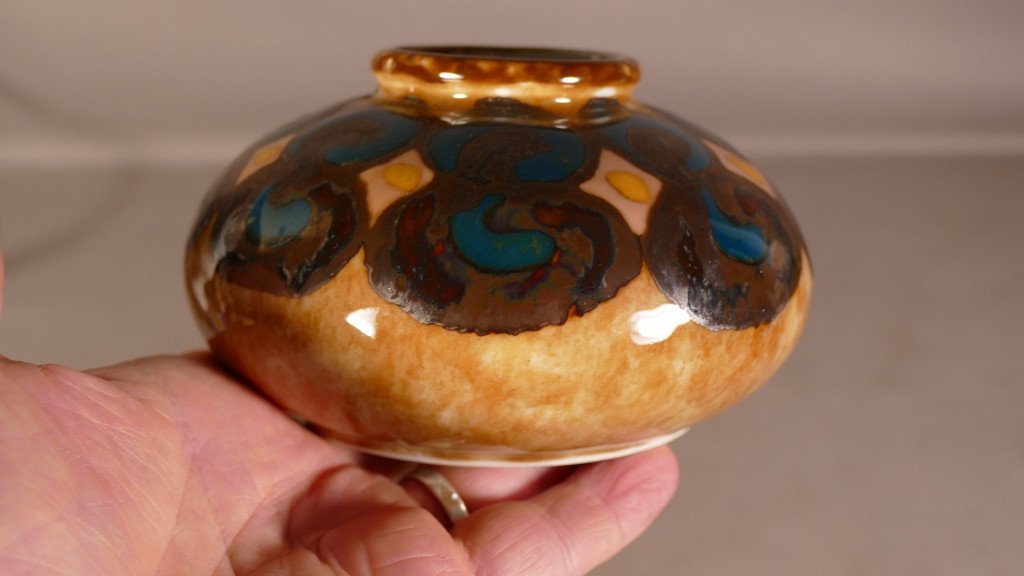 Camille Tharaud Limoges, Flattened Ball Vase In Enamelled Porcelain, 1930s Period-photo-3