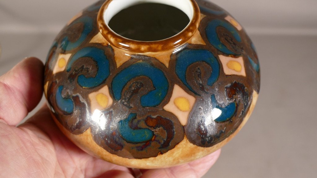 Camille Tharaud Limoges, Flattened Ball Vase In Enamelled Porcelain, 1930s Period-photo-4
