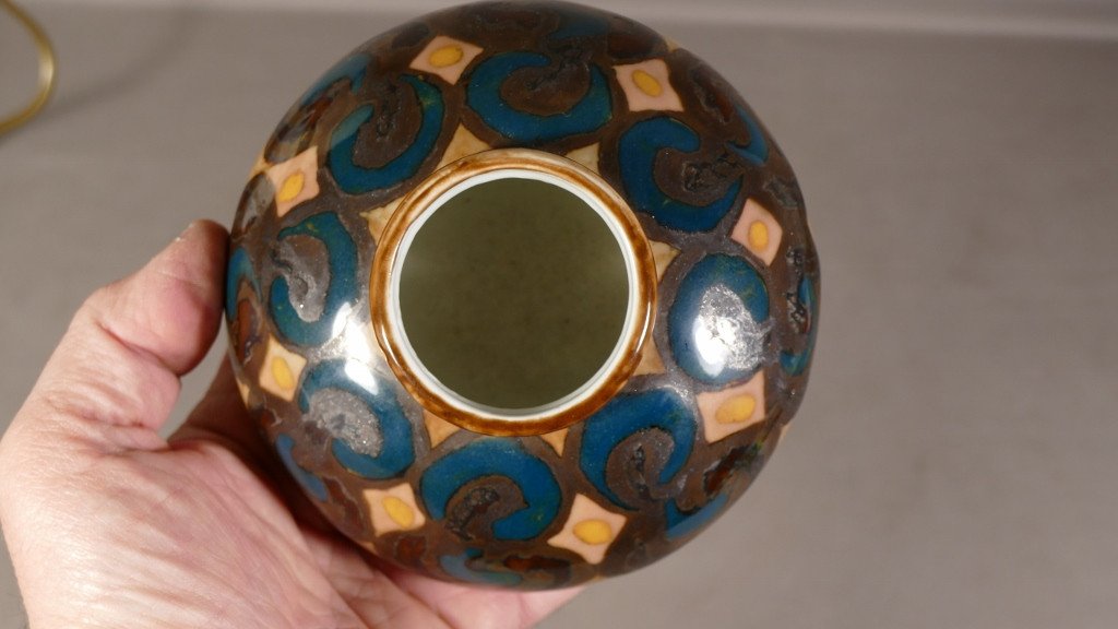 Camille Tharaud Limoges, Flattened Ball Vase In Enamelled Porcelain, 1930s Period-photo-1