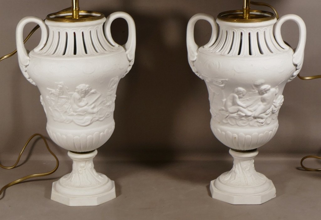 After Clodion, Pair Of Cassolette Lamps In Porcelain Biscuit, Samson Sèvres 19th Century-photo-2