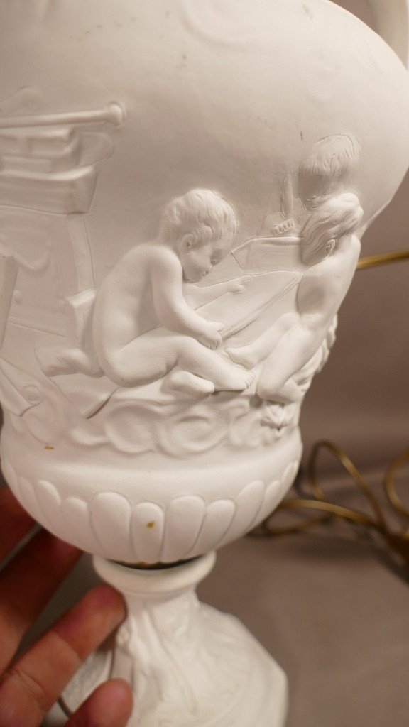 d'Après Clodion, Paire De Lampes Cassolettes En Biscuit De Porcelaine, Samson Sèvres XIX ème-photo-4
