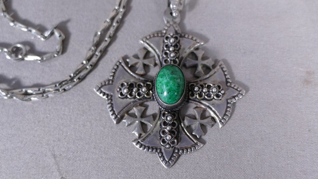 Ancient Pendant, Jerusalem Cross In Sterling Silver, Green Cabochon-photo-2