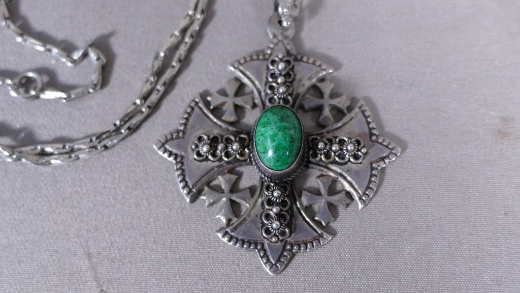 Pendentif Ancien, Croix De Jérusalem En Argent Massif, Cabochon Vert-photo-2