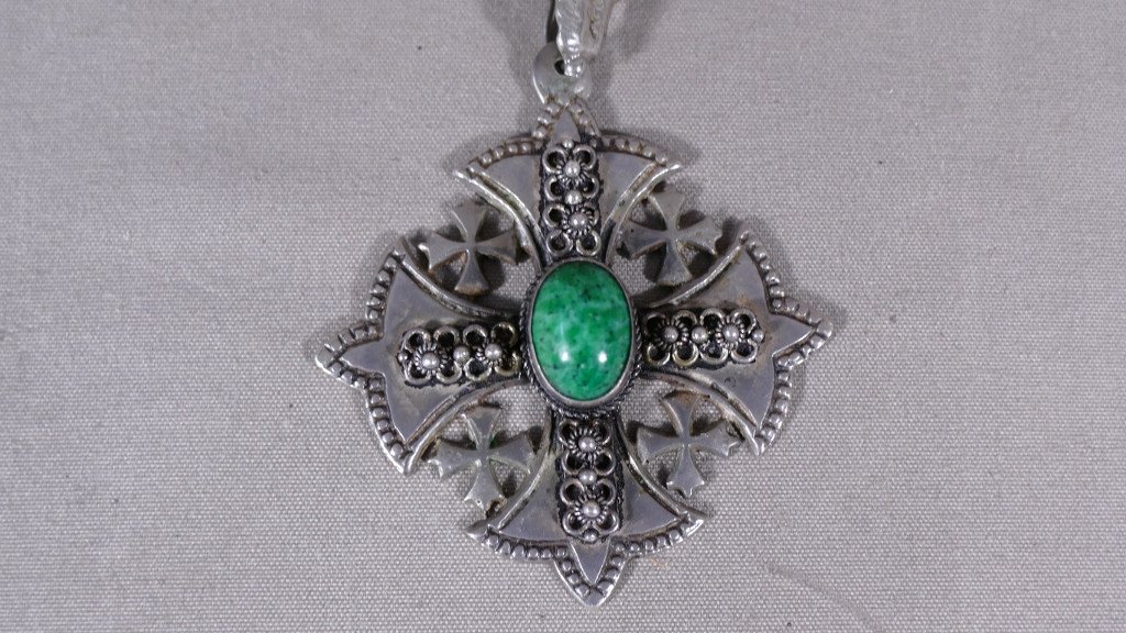 Pendentif Ancien, Croix De Jérusalem En Argent Massif, Cabochon Vert-photo-2