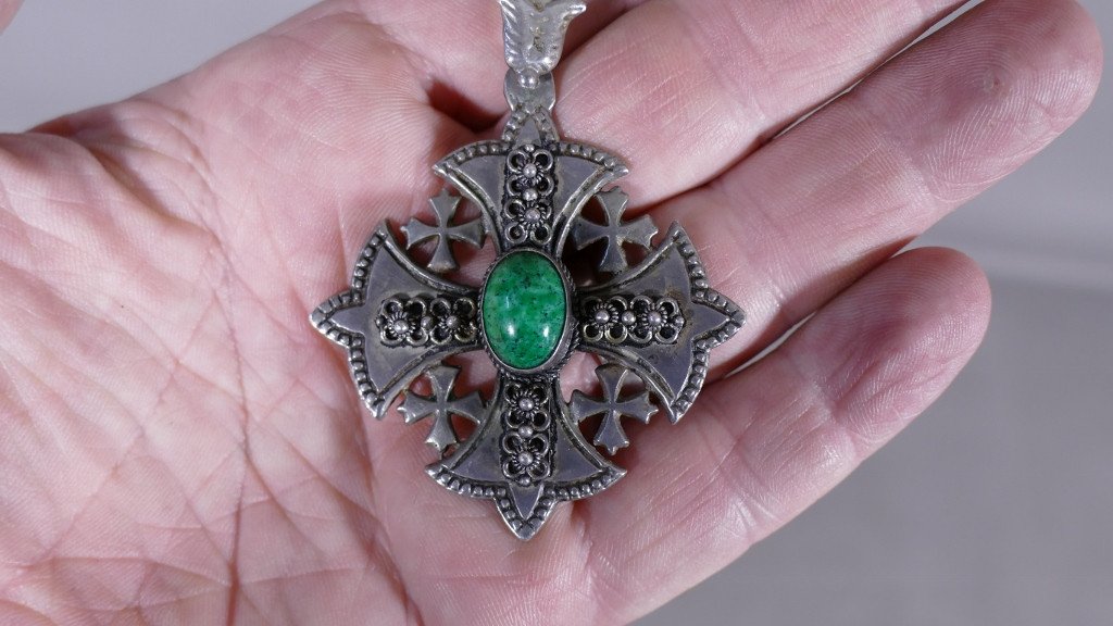 Ancient Pendant, Jerusalem Cross In Sterling Silver, Green Cabochon-photo-3