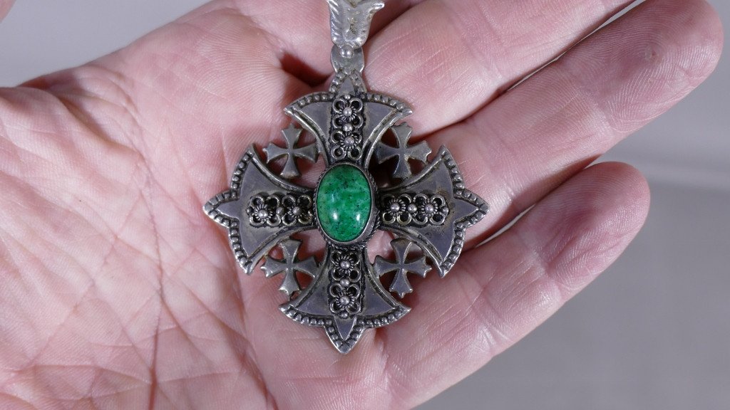 Pendentif Ancien, Croix De Jérusalem En Argent Massif, Cabochon Vert-photo-3