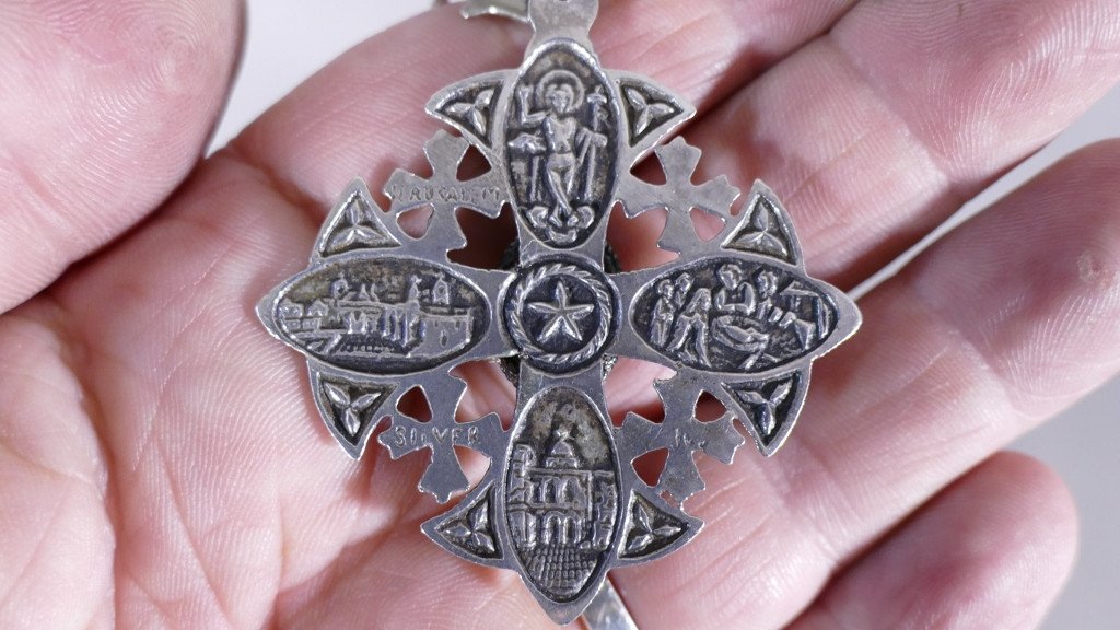 Pendentif Ancien, Croix De Jérusalem En Argent Massif, Cabochon Vert-photo-4