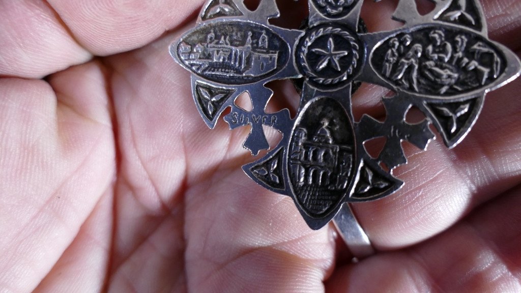 Pendentif Ancien, Croix De Jérusalem En Argent Massif, Cabochon Vert-photo-5