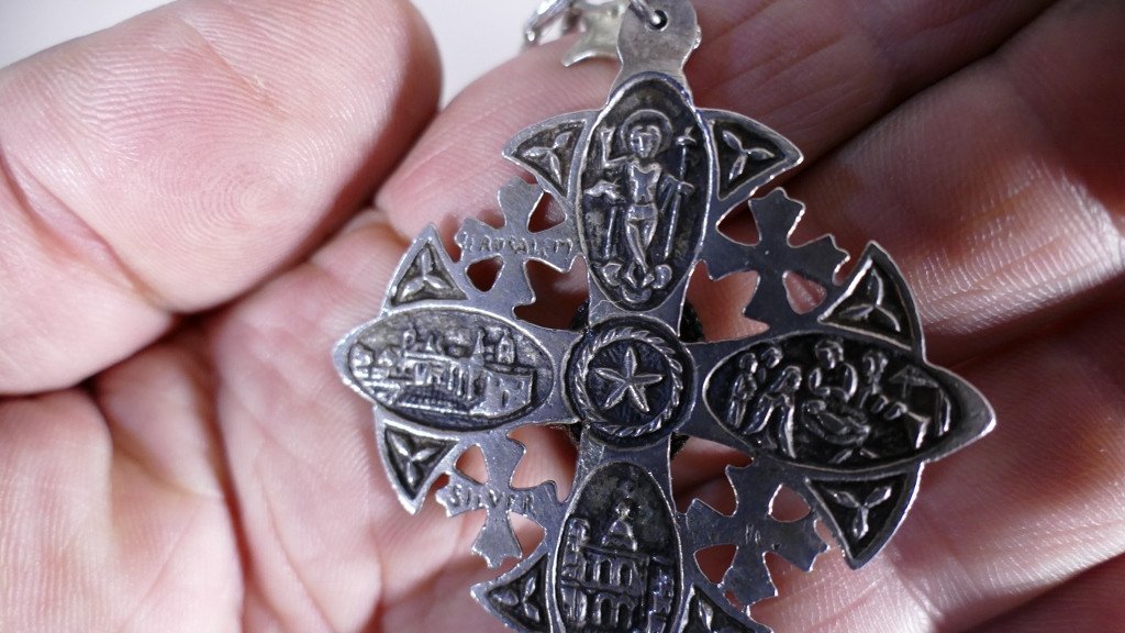 Ancient Pendant, Jerusalem Cross In Sterling Silver, Green Cabochon-photo-6