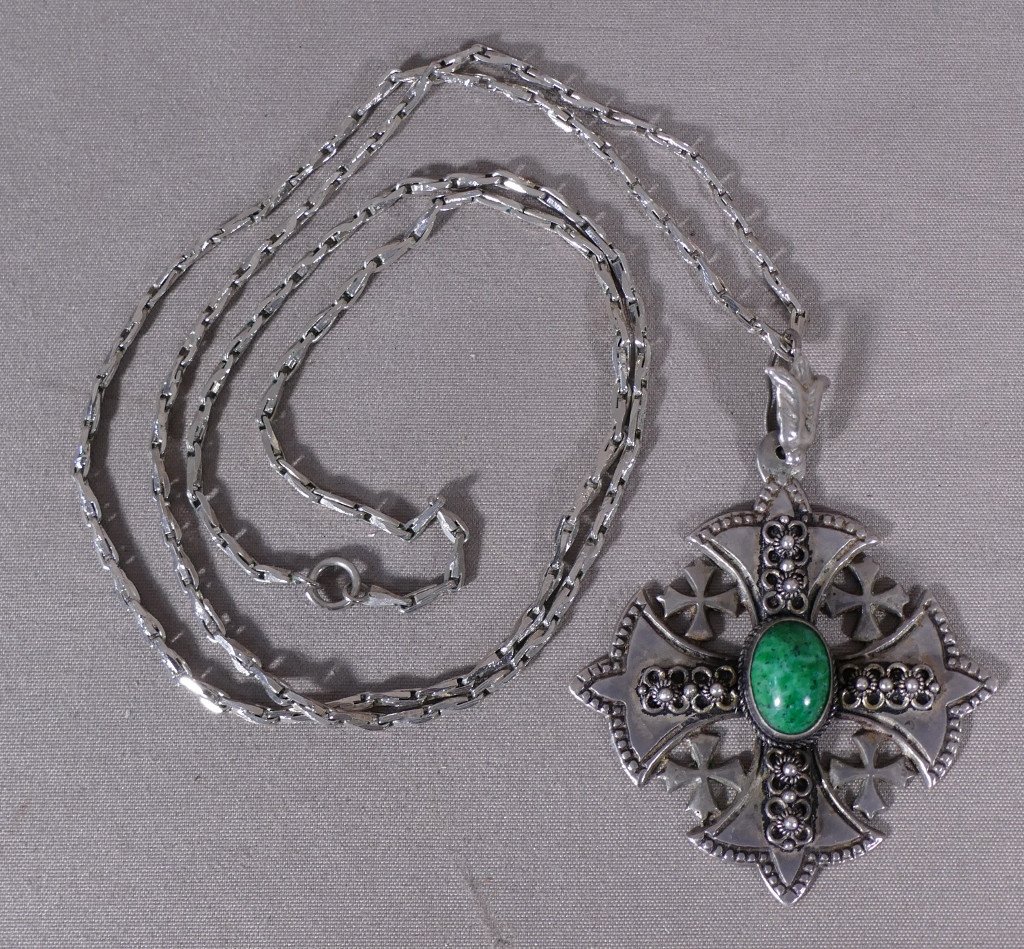 Pendentif Ancien, Croix De Jérusalem En Argent Massif, Cabochon Vert