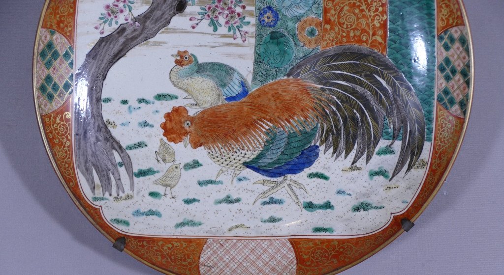 Japanese Dish With Chickens And Rooster, Kutani Style From The Ishikawa Region, Meiji Period, 19th Century-photo-2