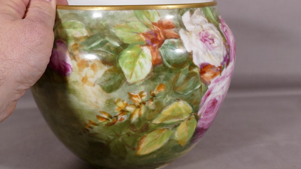 Les Roses, Cache Pot Peint à La Main Porcelaine De Limoges Fin XIX ème-photo-4