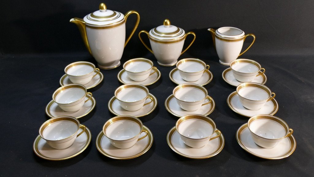 Golden Laurel Frieze, Coffee Service 12 People In Limoges Porcelain