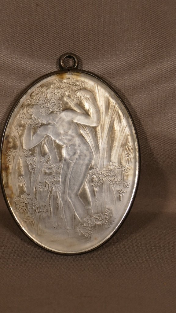 René Lalique 1919, Narcisse Debout, Pendentif Miroir Cerclé Argent-photo-2