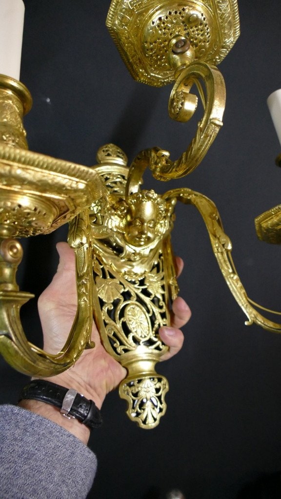 Pair Of Large Louis XIV Style Angelot Sconces In Gilt Bronze, 19th Century-photo-5