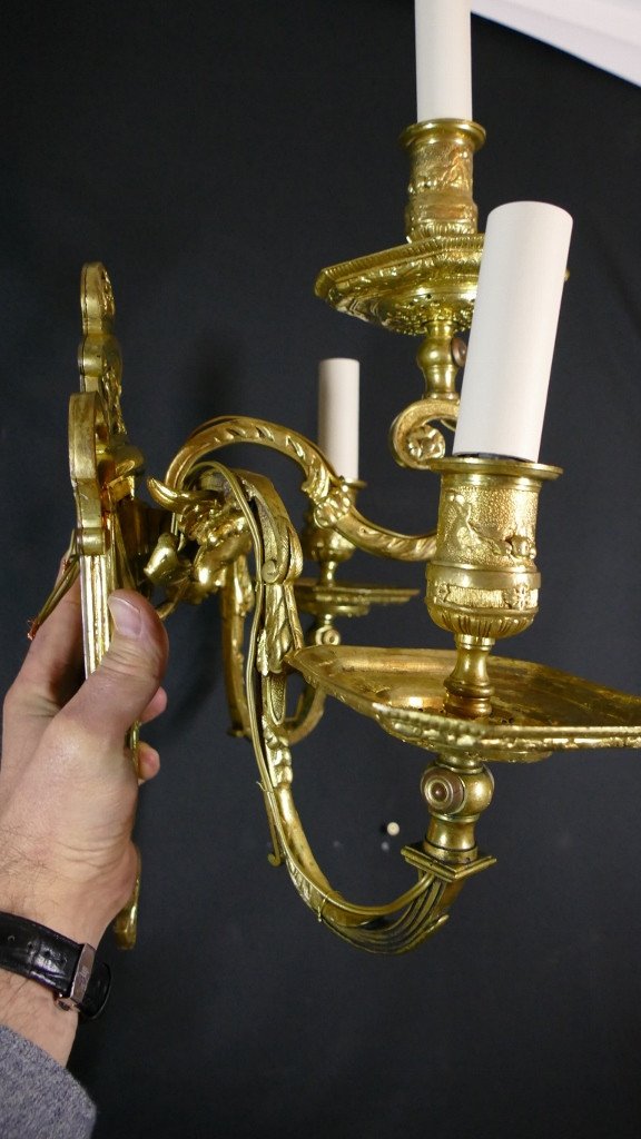 Pair Of Large Louis XIV Style Angelot Sconces In Gilt Bronze, 19th Century-photo-7