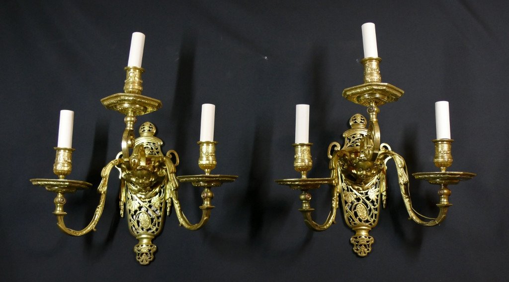 Pair Of Large Louis XIV Style Angelot Sconces In Gilt Bronze, 19th Century