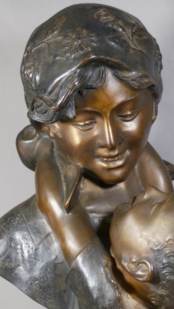 Maternité, Femme Et Enfant Par Antonio Merente, Bronze à La Cire Perdue, époque Début XX ème-photo-2