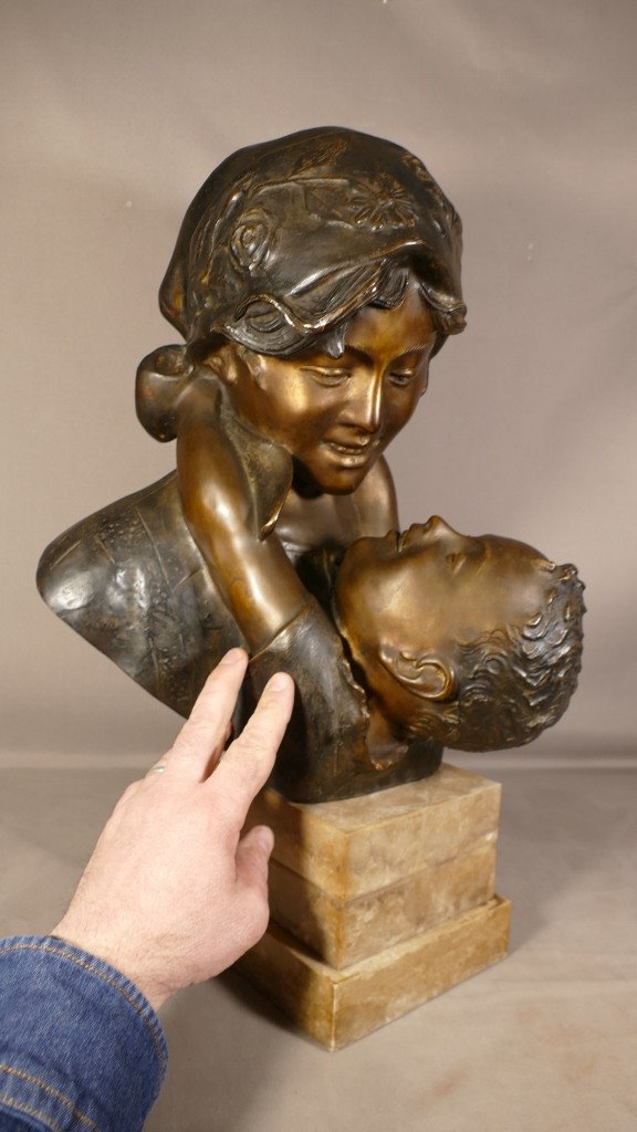 Maternité, Femme Et Enfant Par Antonio Merente, Bronze à La Cire Perdue, époque Début XX ème-photo-4