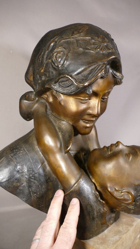 Maternité, Femme Et Enfant Par Antonio Merente, Bronze à La Cire Perdue, époque Début XX ème-photo-1
