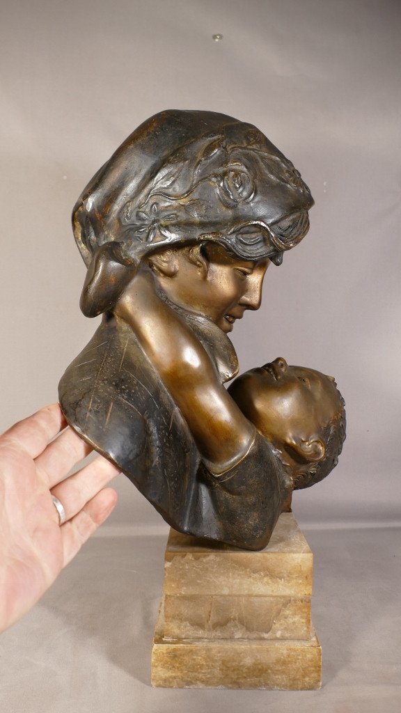 Maternité, Femme Et Enfant Par Antonio Merente, Bronze à La Cire Perdue, époque Début XX ème-photo-3