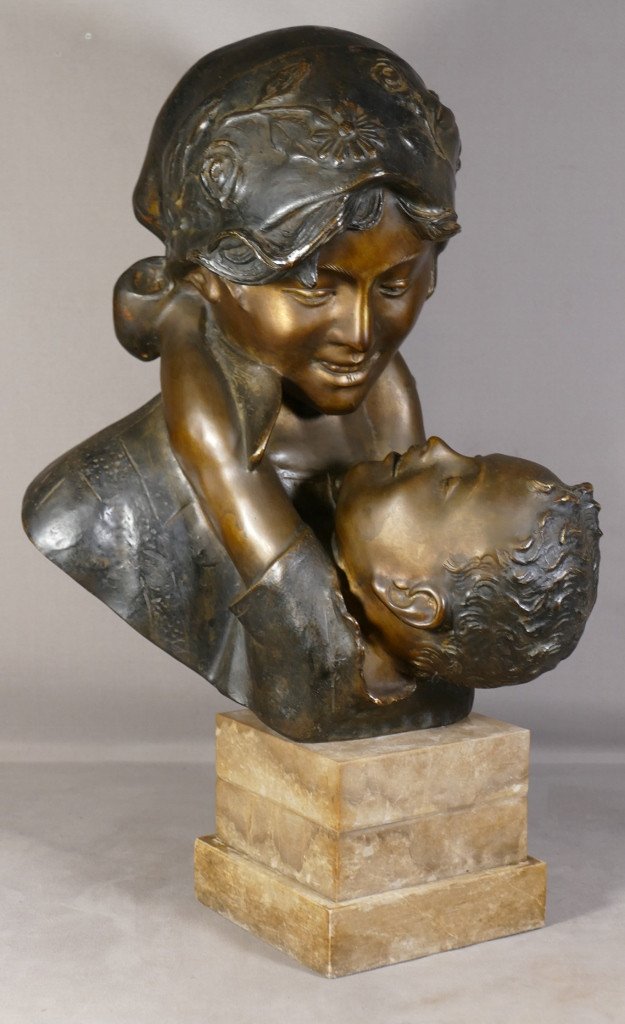 Maternité, Femme Et Enfant Par Antonio Merente, Bronze à La Cire Perdue, époque Début XX ème