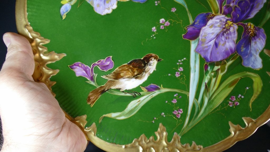 Paire De Plats Aux Iris Et Oiseaux, Porcelaine De Limoges, Fin XIX ème-photo-2