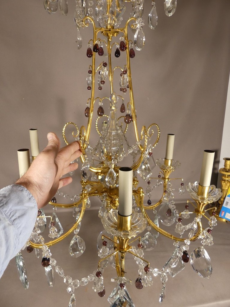 Chandelier In Gilt Bronze, Crystal And Glass With 6 Lights, Mid 20th Century-photo-6