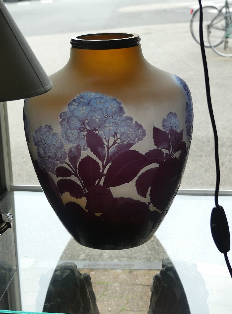 Emile Gallé, Important Vase Or Lamp Base With Glass Hydrangeas Circa 1900-photo-8