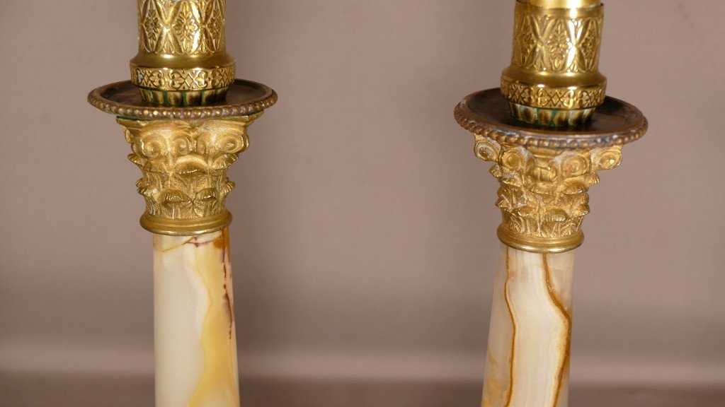 Pair Of Napoleon III Candlesticks In Gilt Bronze And Onyx, 19th Century-photo-1