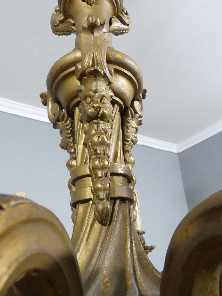 Large Italian Chandelier In Carved Golden Wood, Louis XIV Style, Early 20th Century Period-photo-4
