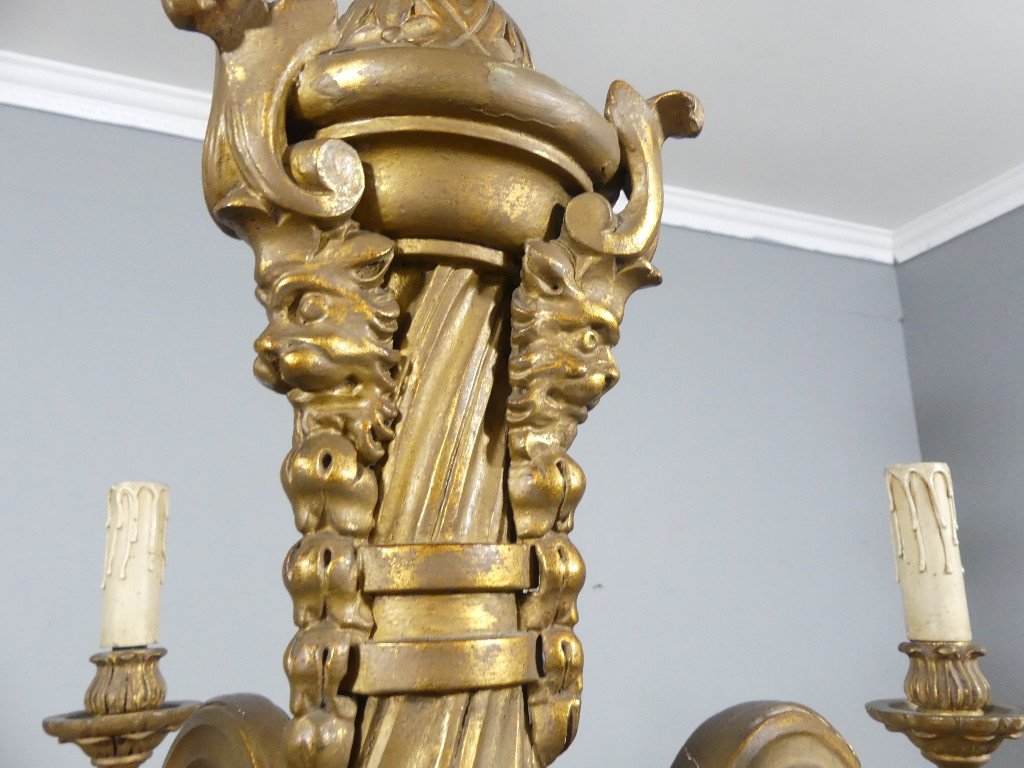 Large Italian Chandelier In Carved Golden Wood, Louis XIV Style, Early 20th Century Period-photo-5