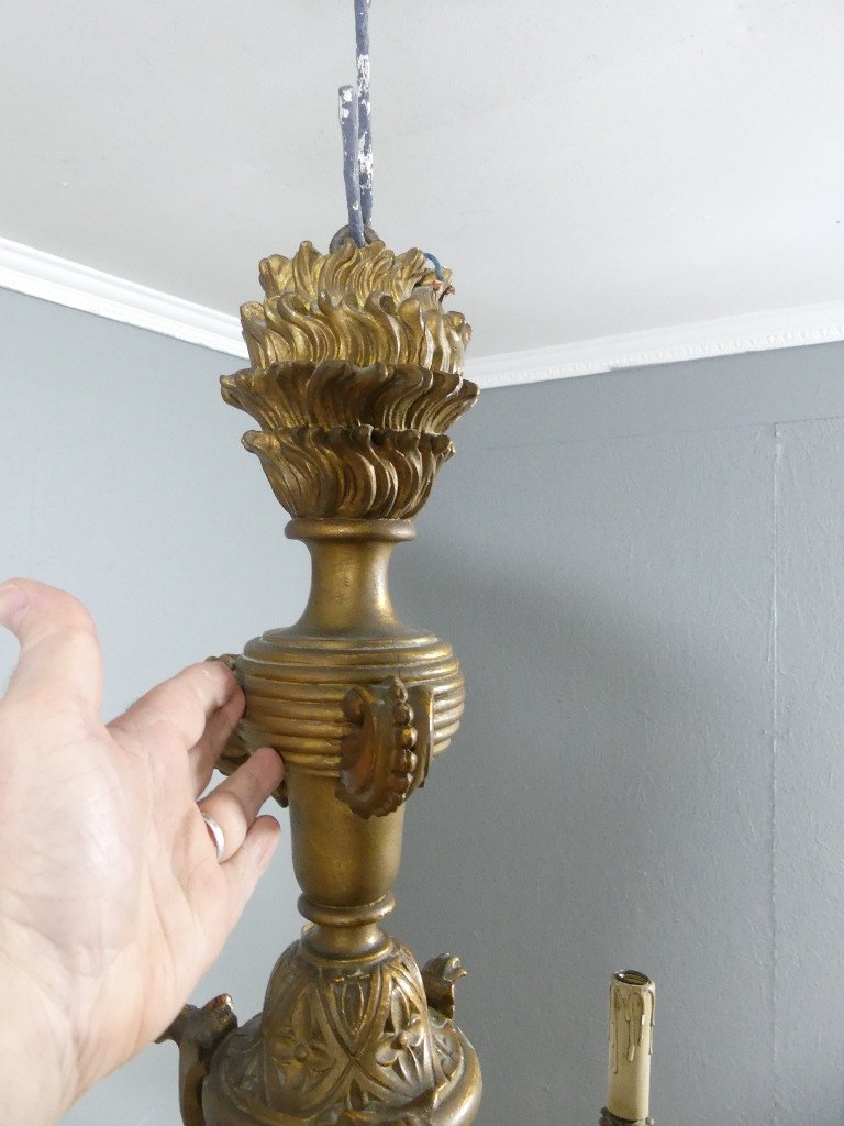 Large Italian Chandelier In Carved Golden Wood, Louis XIV Style, Early 20th Century Period-photo-8