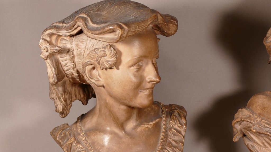 Rare Paire De Bustes d'Après Carpeaux ,le Rieur Et La Rieuse Napolitain En Terre Cuite XIX ème-photo-2