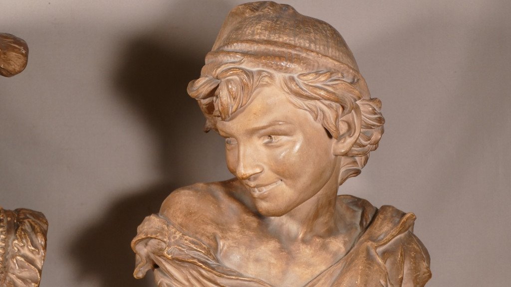 Rare Paire De Bustes d'Après Carpeaux ,le Rieur Et La Rieuse Napolitain En Terre Cuite XIX ème-photo-3