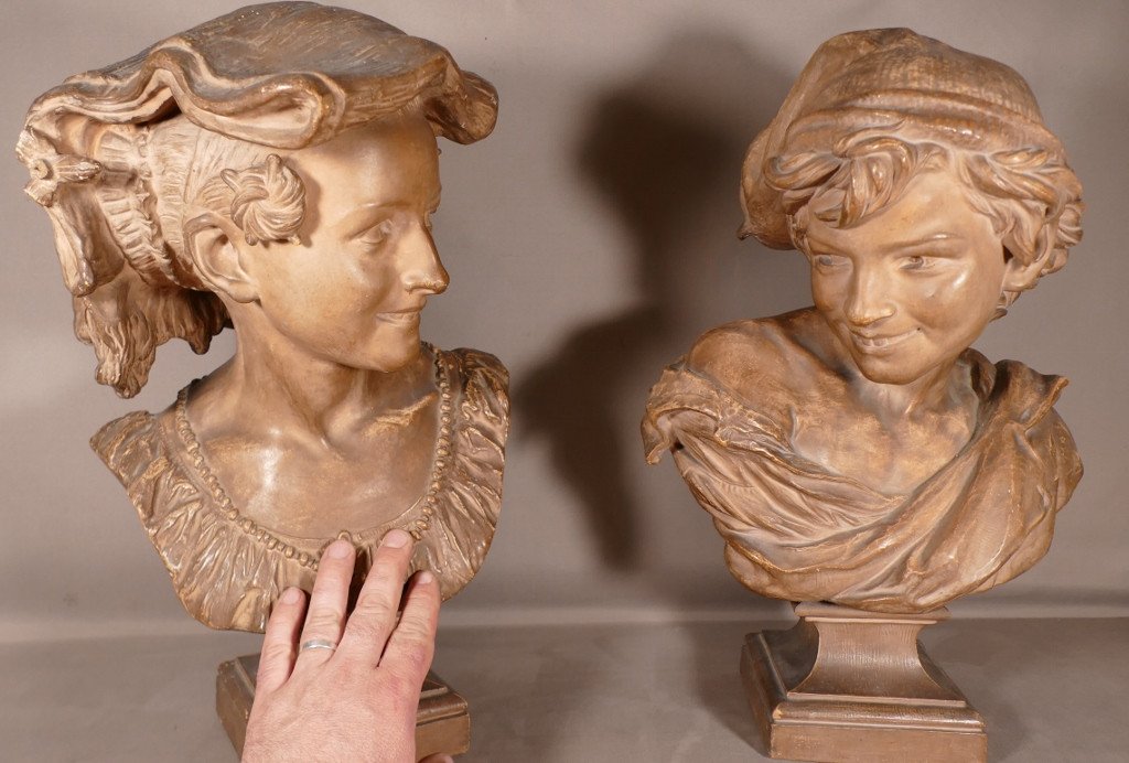 Rare Paire De Bustes d'Après Carpeaux ,le Rieur Et La Rieuse Napolitain En Terre Cuite XIX ème-photo-4