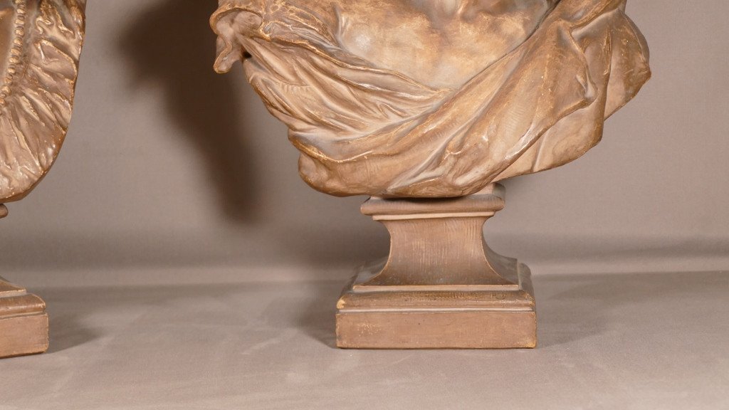 Rare Paire De Bustes d'Après Carpeaux ,le Rieur Et La Rieuse Napolitain En Terre Cuite XIX ème-photo-3
