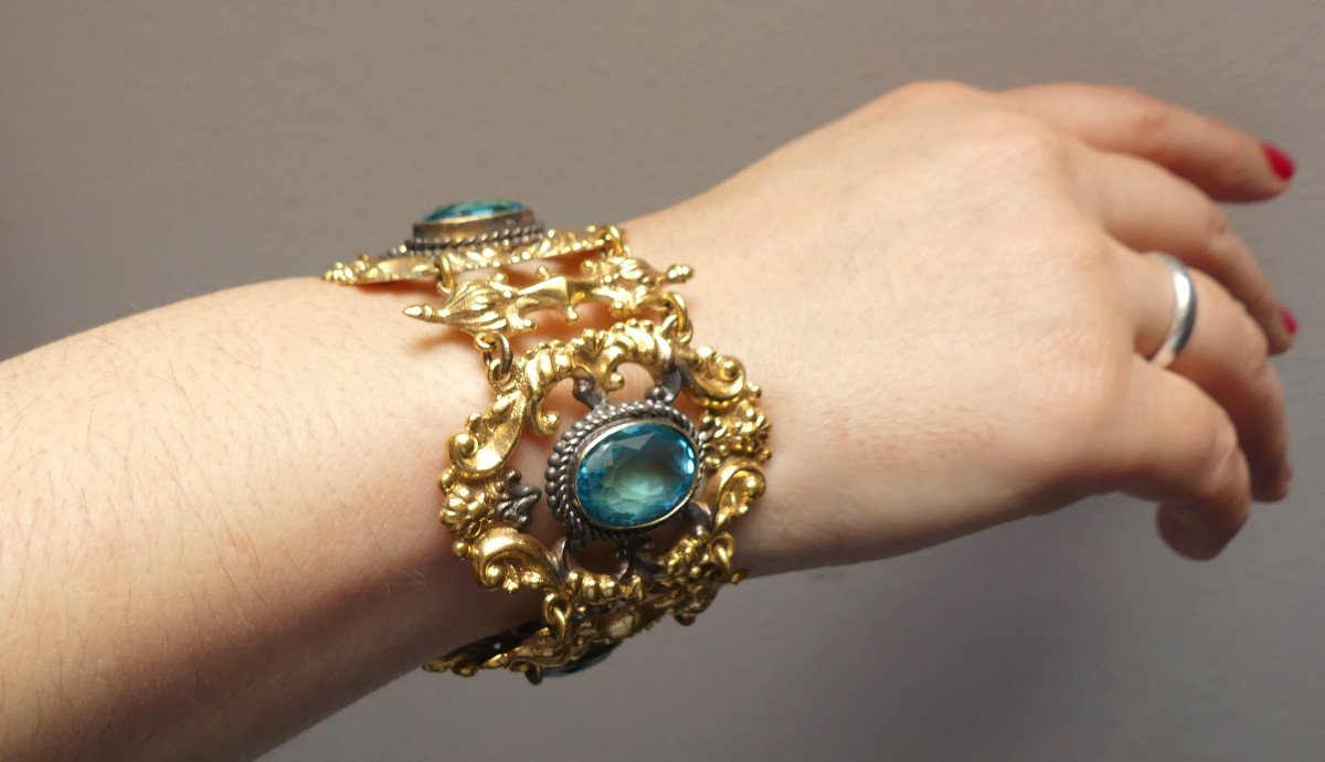 Bracelet Manchette Charles X En Pomponne Et Pierre Bleu, époque Restauration XIX ème Siècle-photo-2