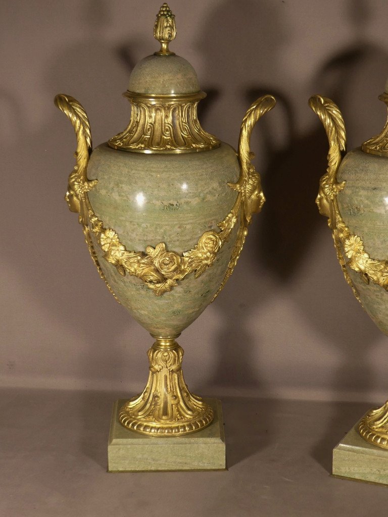 55 Cm, Pair Of Louis XVI Style Cassolettes Campan Green Marble And Gilt Bronze, Napoleon III-photo-3