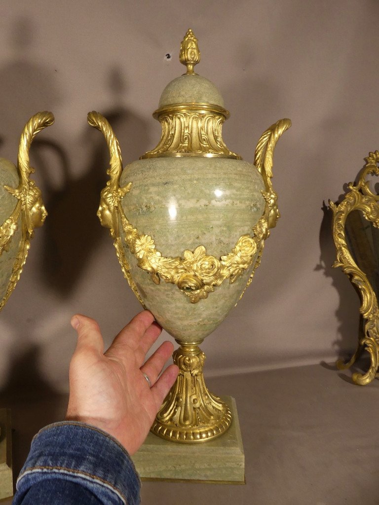 55 Cm, Pair Of Louis XVI Style Cassolettes Campan Green Marble And Gilt Bronze, Napoleon III-photo-4
