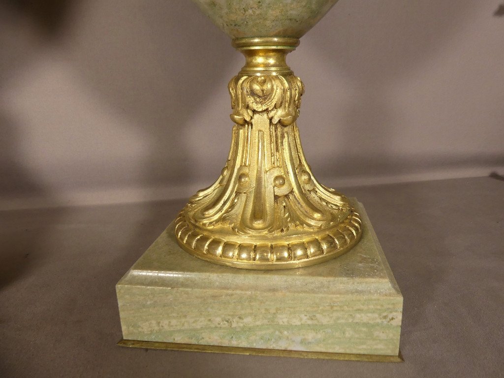 55 Cm, Pair Of Louis XVI Style Cassolettes Campan Green Marble And Gilt Bronze, Napoleon III-photo-3