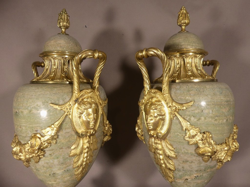 55 Cm, Pair Of Louis XVI Style Cassolettes Campan Green Marble And Gilt Bronze, Napoleon III-photo-7