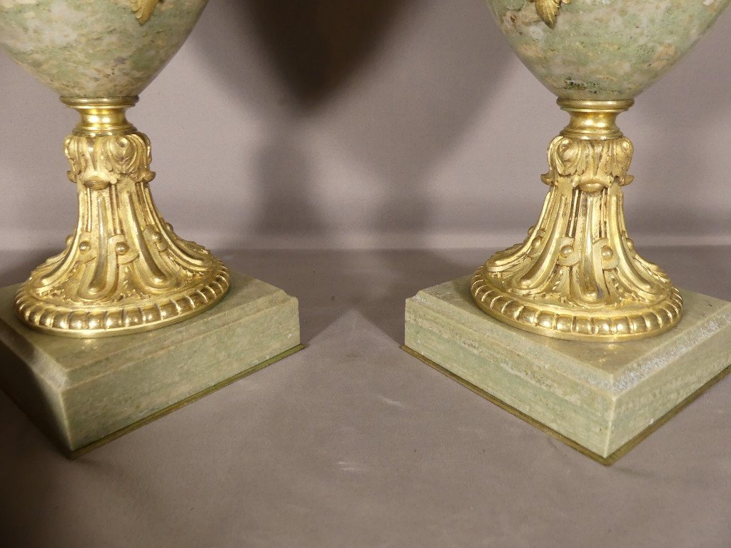55 Cm, Pair Of Louis XVI Style Cassolettes Campan Green Marble And Gilt Bronze, Napoleon III-photo-8