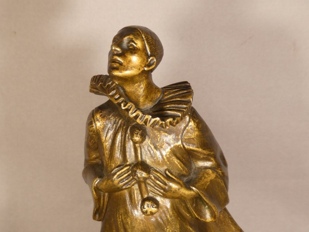 Robert Bousquet (1894-1917), Pierrot And The Cat, Patinated Bronze On Marble Base, Early 20th Century-photo-2